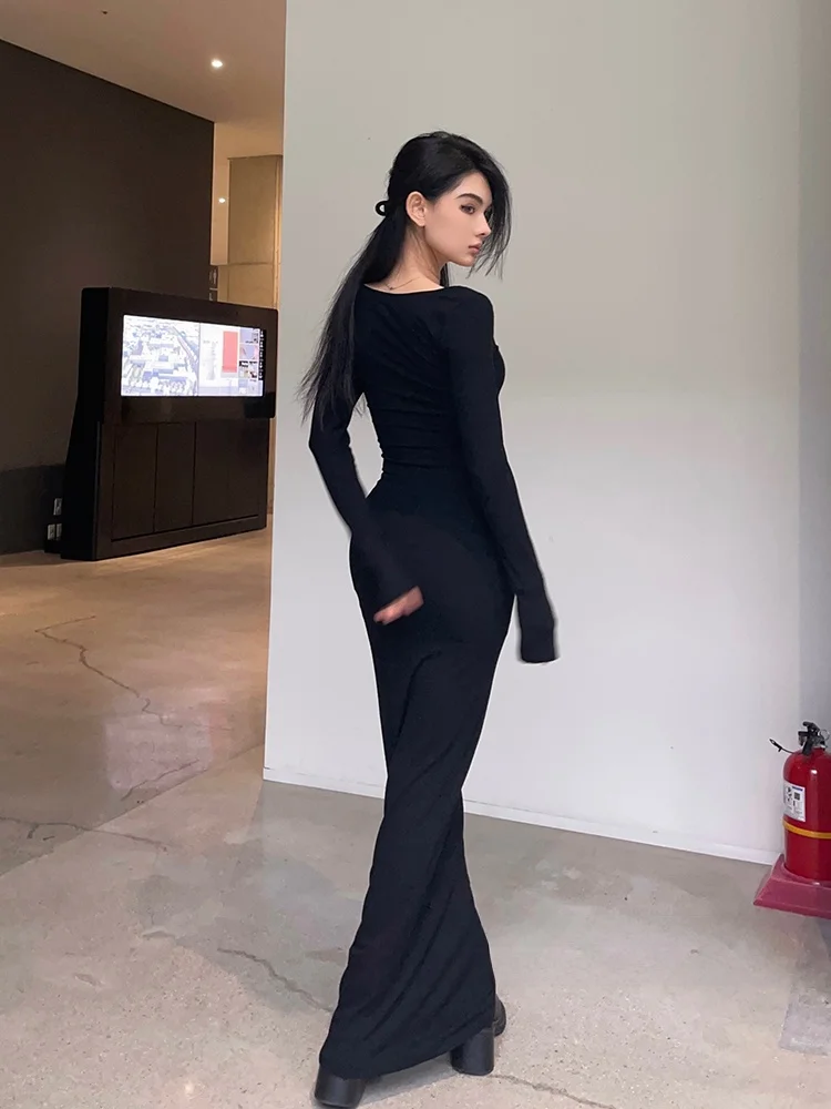 Kardaian outono sexy picante fino ajuste bodycon bla longo sve quadrado ne longo dr feminino maxi dr busin algodão casual