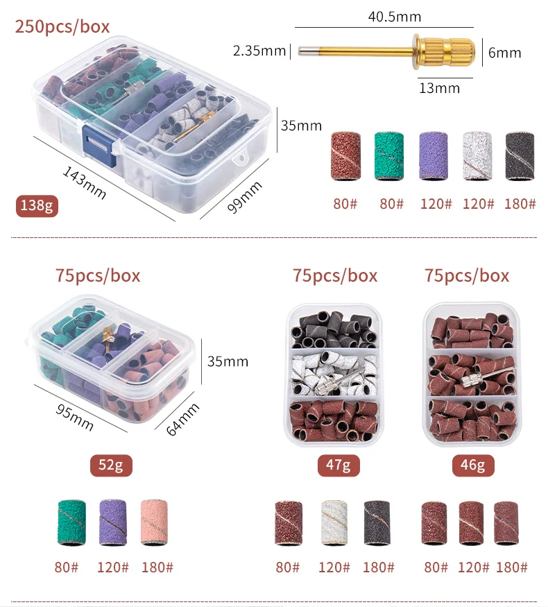 Boxed Nagelschleifbänder mit Dornbohrern für elektrische Maschine, Feilenschleifer, Sandband-Set, Acrylnägel, Gelpolitur, zum Entfernen – Detail 8