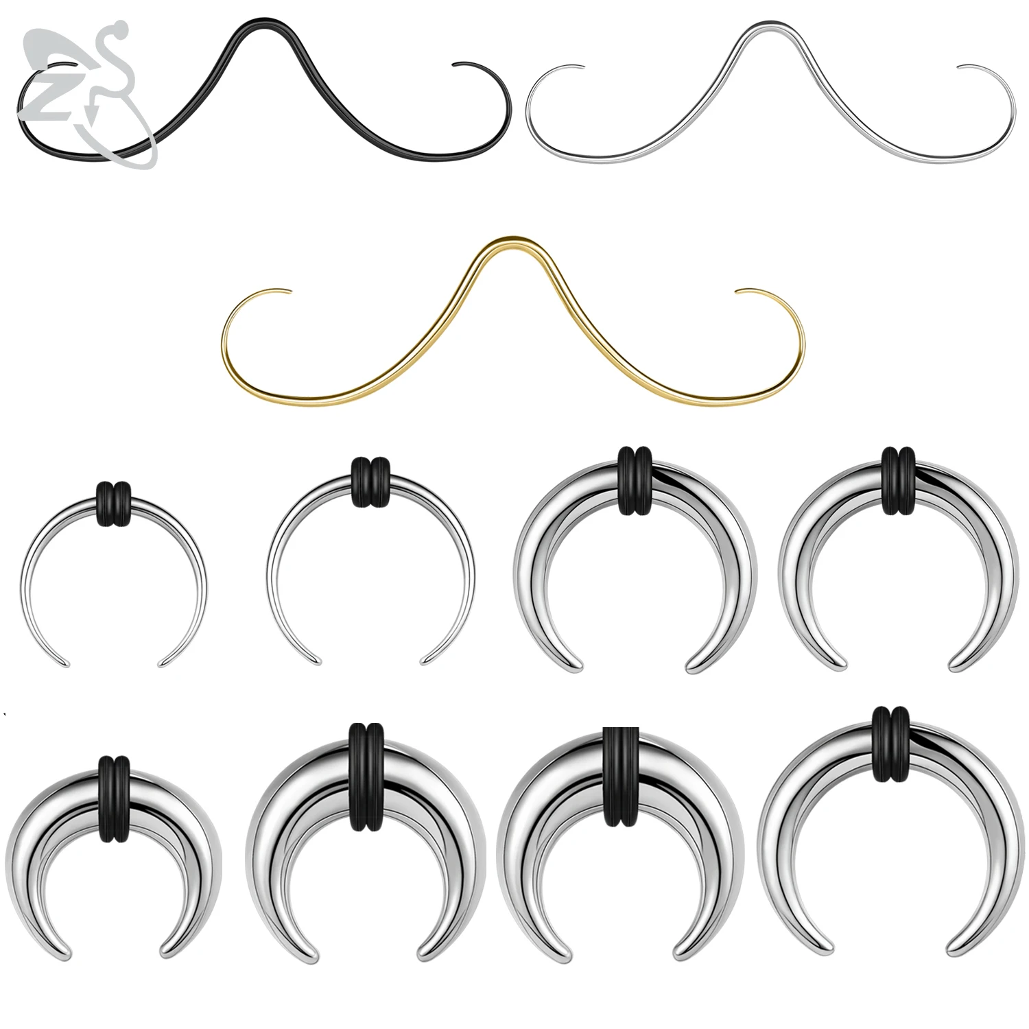 ZS 2Pcs/lot 316L Stainless Steel Beard Nose Rings C Shape Buffalo Horn Nose Piercing Silver Color Septum Ring Stretcher Expander