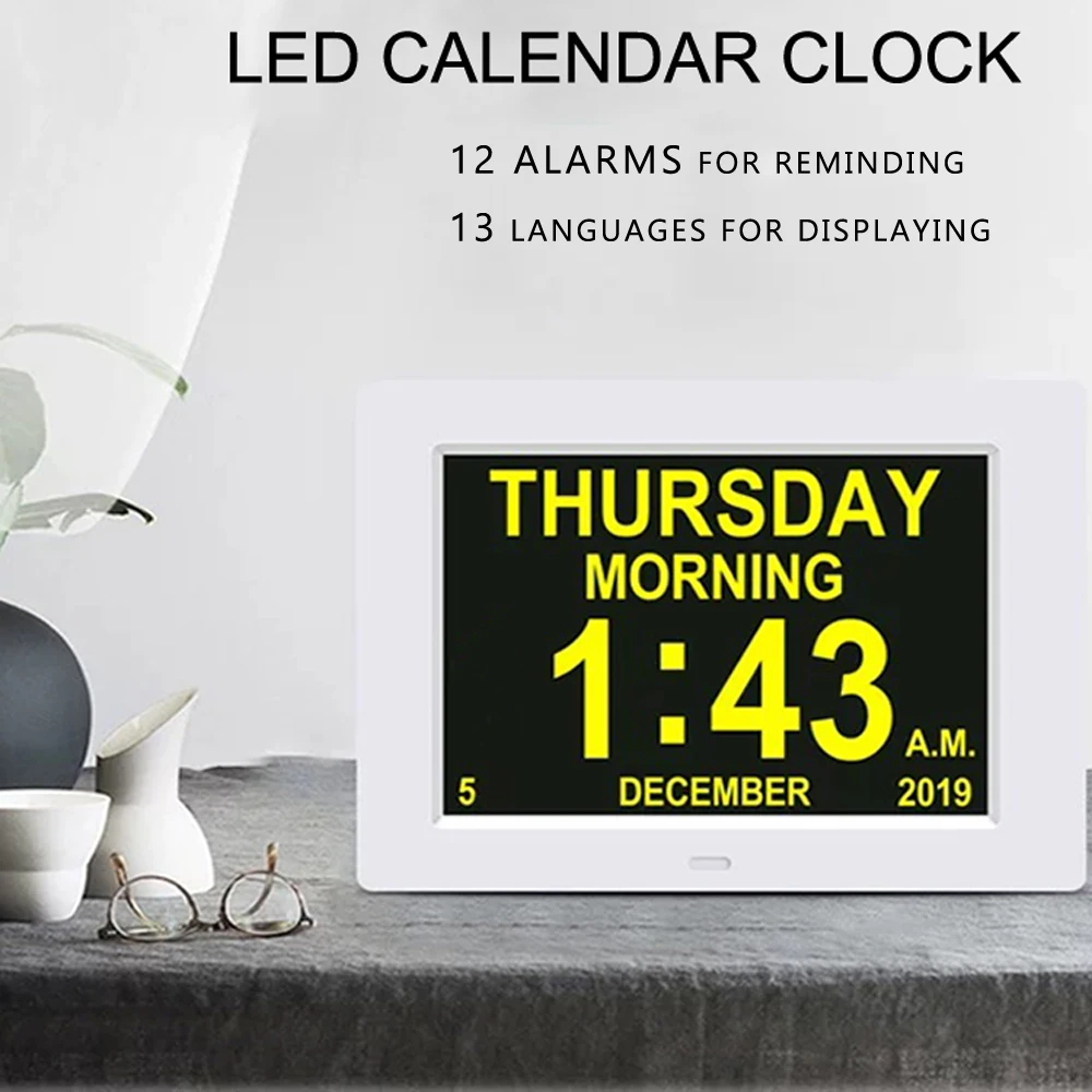 Orologio calendario a 12 allarmi LED con più lingue da visualizzare. Promurare lavoro e pianificazioni. Un promemoria del tempo di medicina per gli