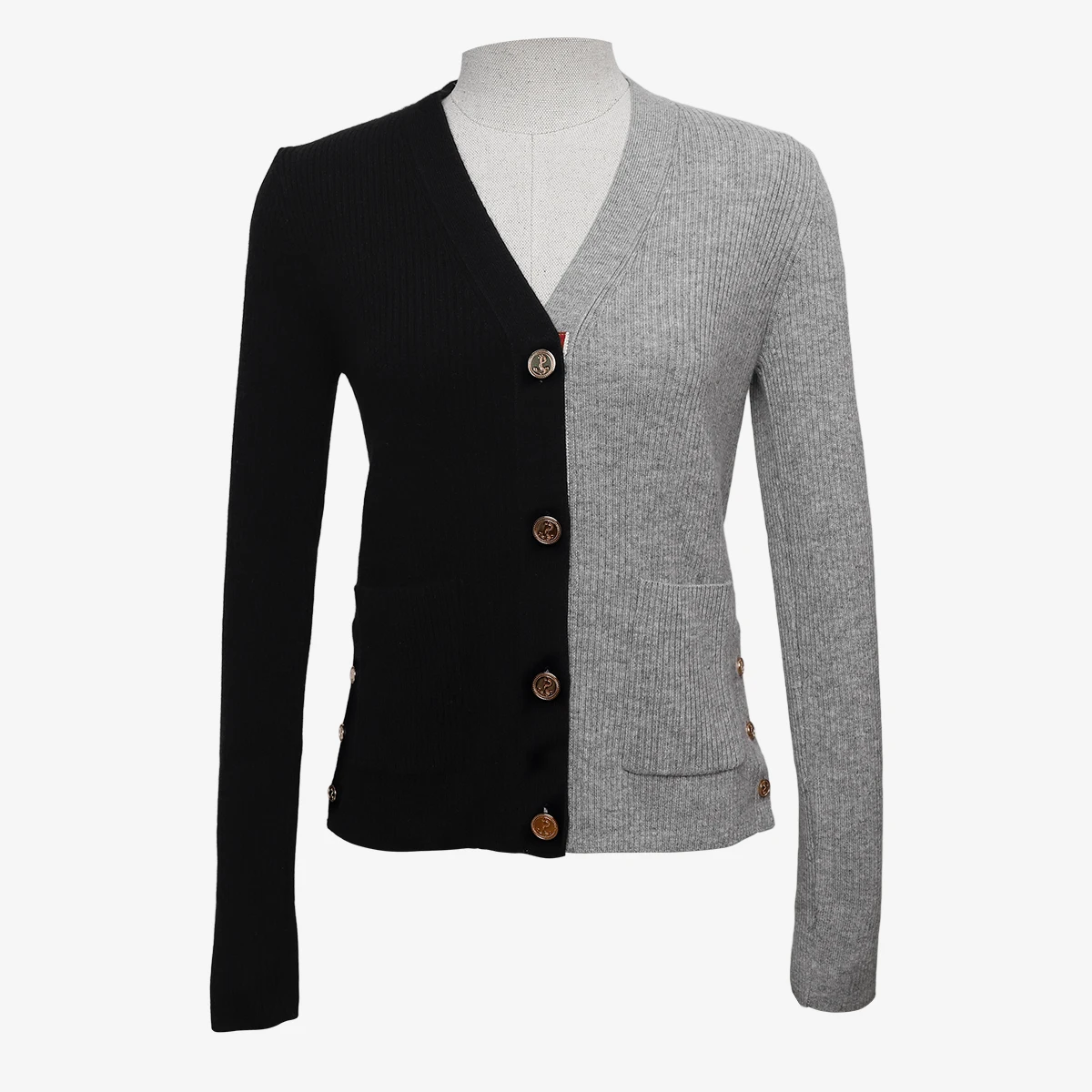 Z700 V-neck color contrast high-end 100% cashmere single-breasted pocket long sleeve knit cardigan