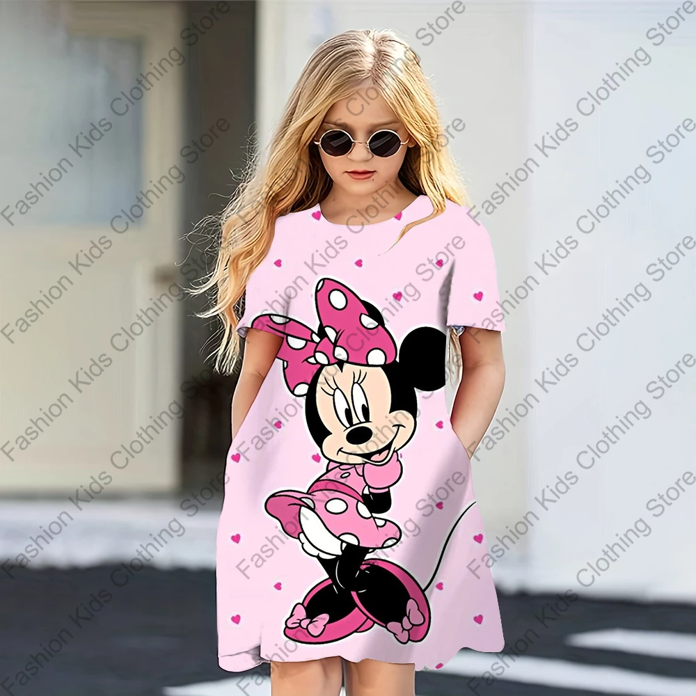 MINISO Girls Summer Dress Fashion Cartoon Cute Mickey Mouse Print abiti da donna ragazze manica corta Princess Dress abbigliamento per ragazze