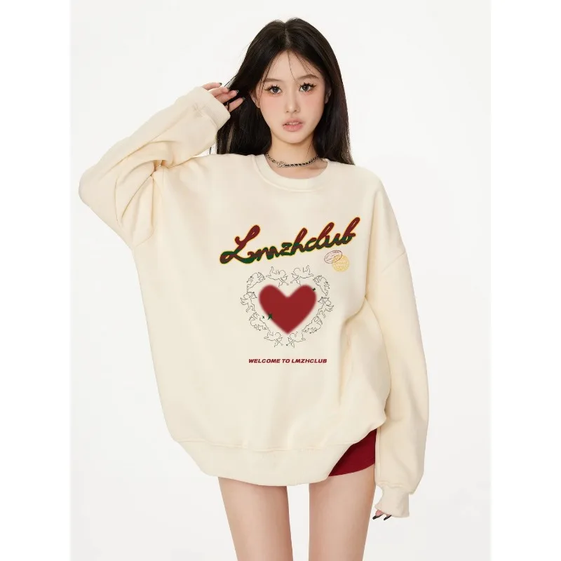 

Толстовка для женщин с круглым вырезом и длинными рукавами, свободный модный американский стиль, ленивый шикарный повседневный и универсальный топ для маленьких людей