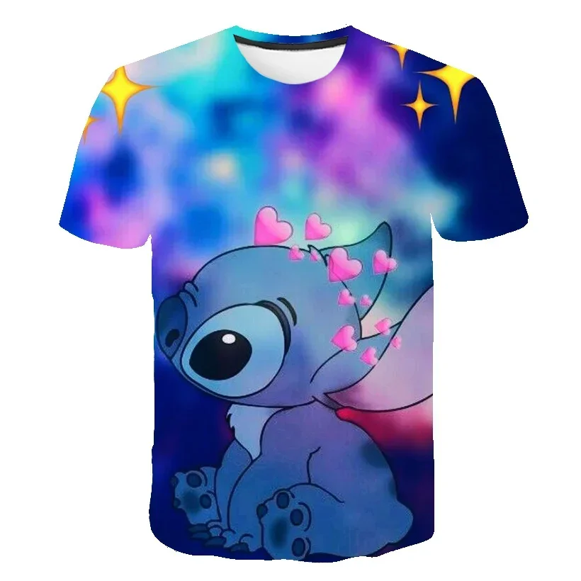 Disney-Children's Stitch 3D Print T-shirts, Kids Stich Tops, Kids Cartoon Tees, Casual Street Clothes, Verão, 2022