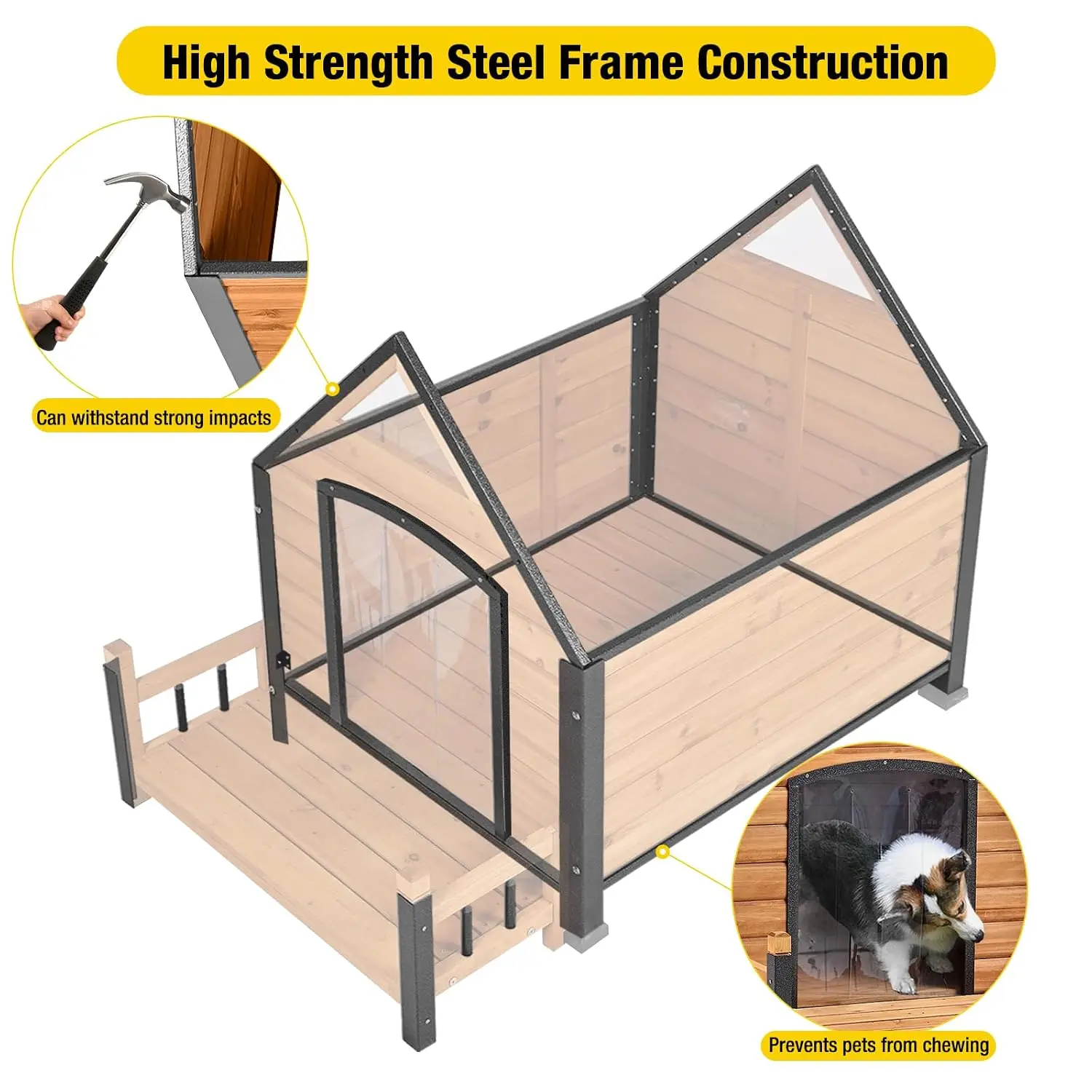 Weatherproof Small Dog House With Anti-Chewing Iron Frame For Outdoor Kennel Shelter, 45"x32.9"x32.6", Customized