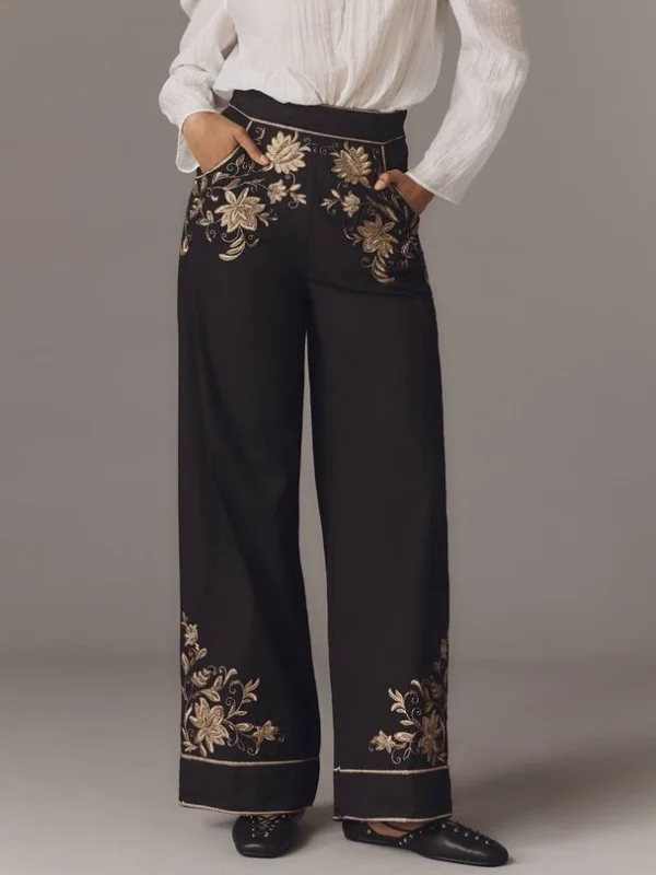 Women's Black Wide Leg Pants 2025 New Gold Floral Embroidery High Waist Loose Fit Elegant Party Casual Trousers for Female