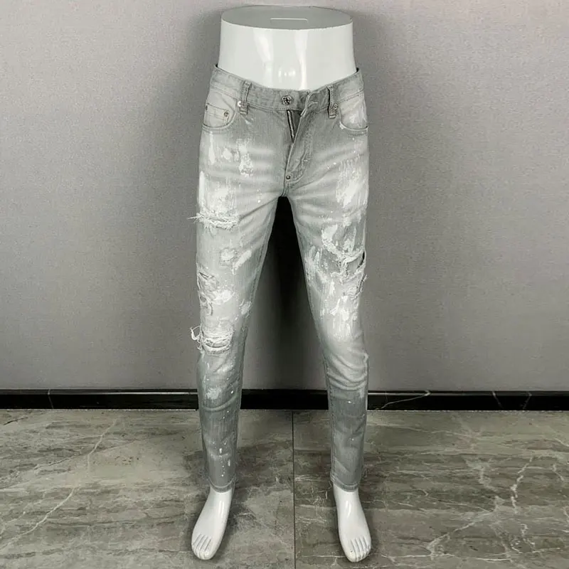 

High Street Fashion Men Jeans Retro Gray Stretch Slim Fit Ripped Jeans Men Painted Designer Hip Hop Brand Denim Pants Hombre