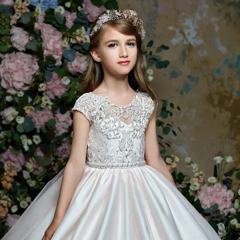 Birthday Party Pageant Banquet Princess Gowns Flower Girl Dresses White Satin Patterned Embroidery With Lace Hem For Wedding