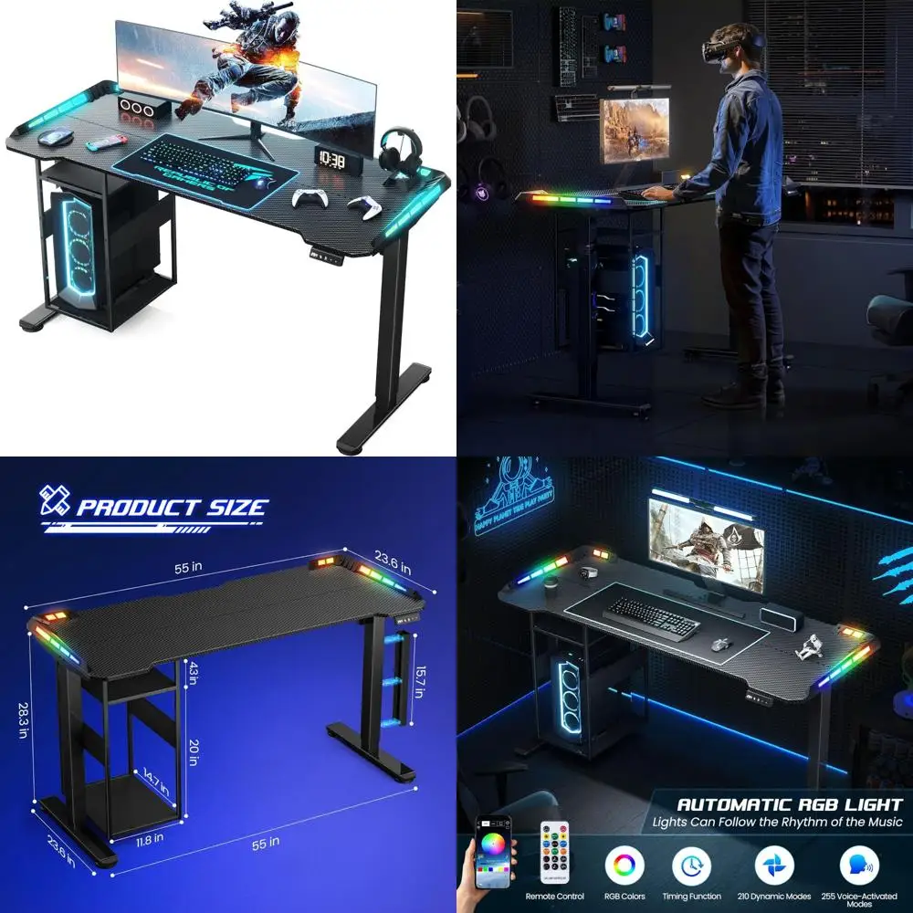 مكتب ألعاب مريح مضاء بإضاءة LED مع سطح 55 × 24، وتطبيق مزامنة الموسيقى، ورف إدارة الكابلات