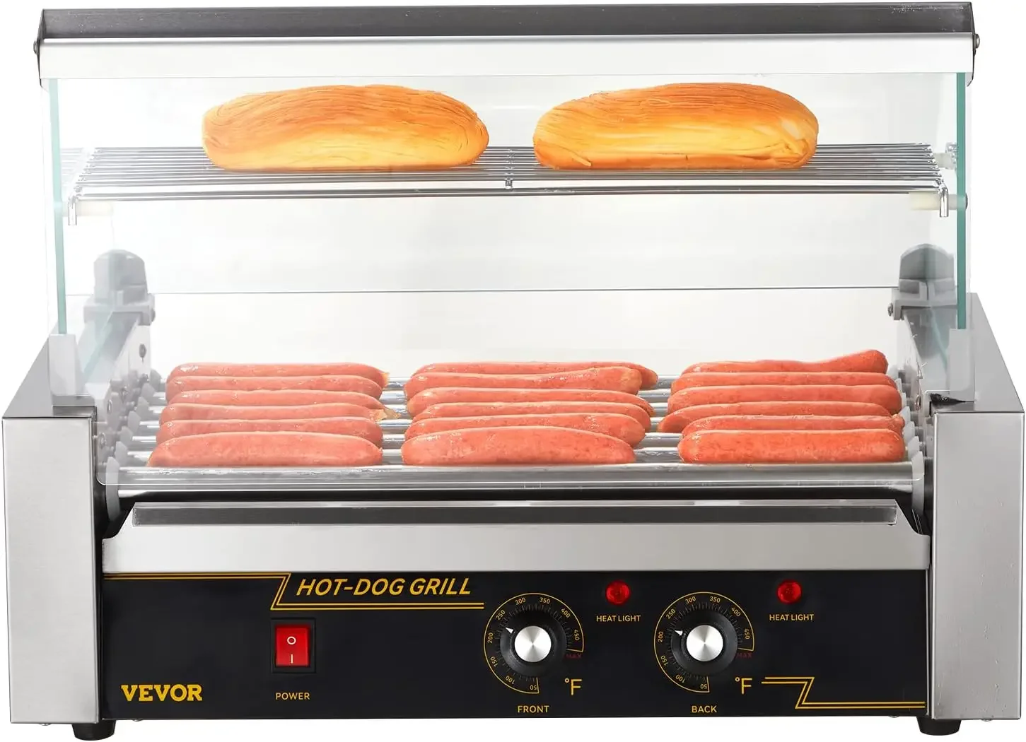 Hot Dog Roller 7 Rollers 18 Hot Dogs Capacity Stainless Sausage Grill Cooker Machine with Dual Temp Control Glass