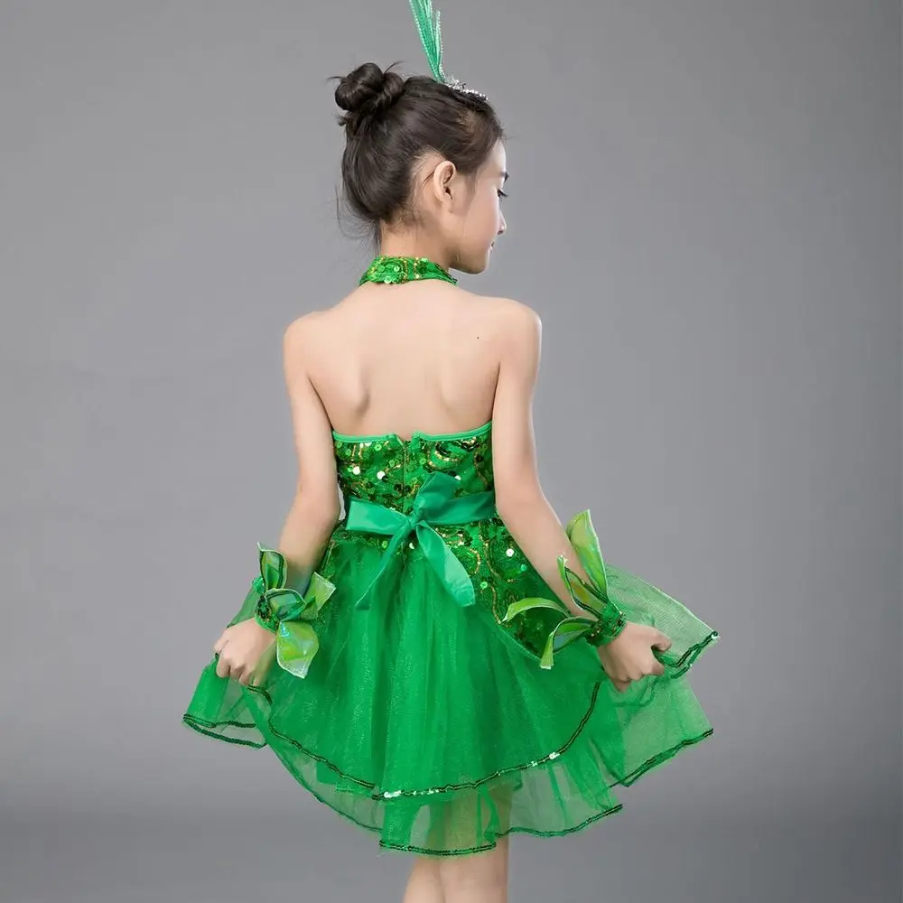 グリーンスパンコール子供バレエダンスドレスヘッドウェアリストバンド付きモダンダンスプリンセスドレスロマンチックダンススーツ