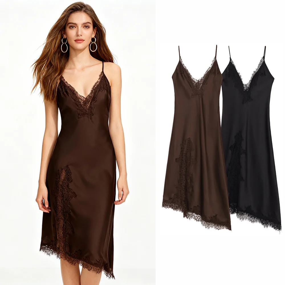 2026 frühling Sommer Spitze Slip Kleid Frauen Satin Backless Sommer Kleid Frauen Asymmetrische Party Kleid Sexy Strand Kleider für Frauen