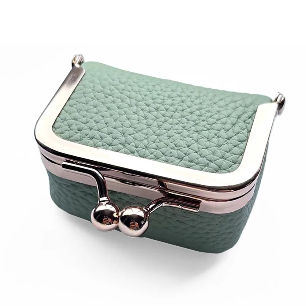Vintage Solid Color Small Wallets Kiss Lock Mini Coin Purse Genuine Leather Storage Bag