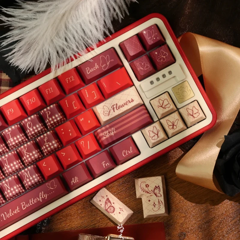 Red Bean South Country Theme Keycap Cherry Profile PBT Heat Sublimation Retro Plaid Personalized Keycaps for Mechanical Keyboard