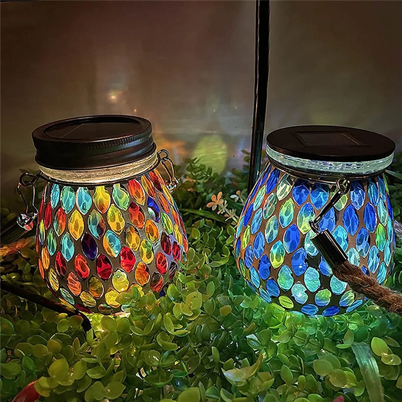 Mosaic Glass Solar Garden Lanterns,Outdoor Table Lamps,Landscape Path Hanging Lights,Waterproof Solar Night Light Blue