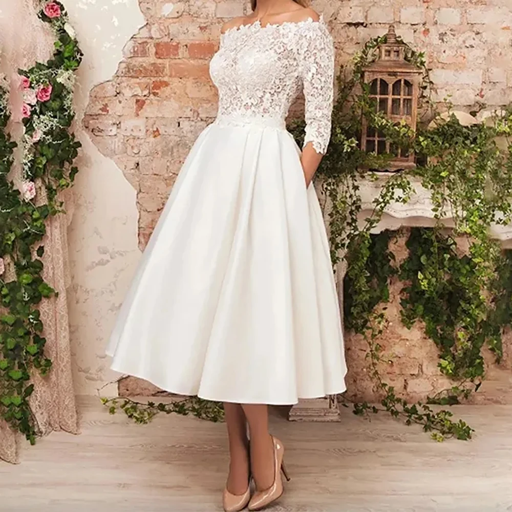 Vestido de casamento elegante para mulheres, renda, cetim, ombro de fora, apliques, mangas 3/4, comprimento do chá, curto, linha a, vestido de noiva personalizado