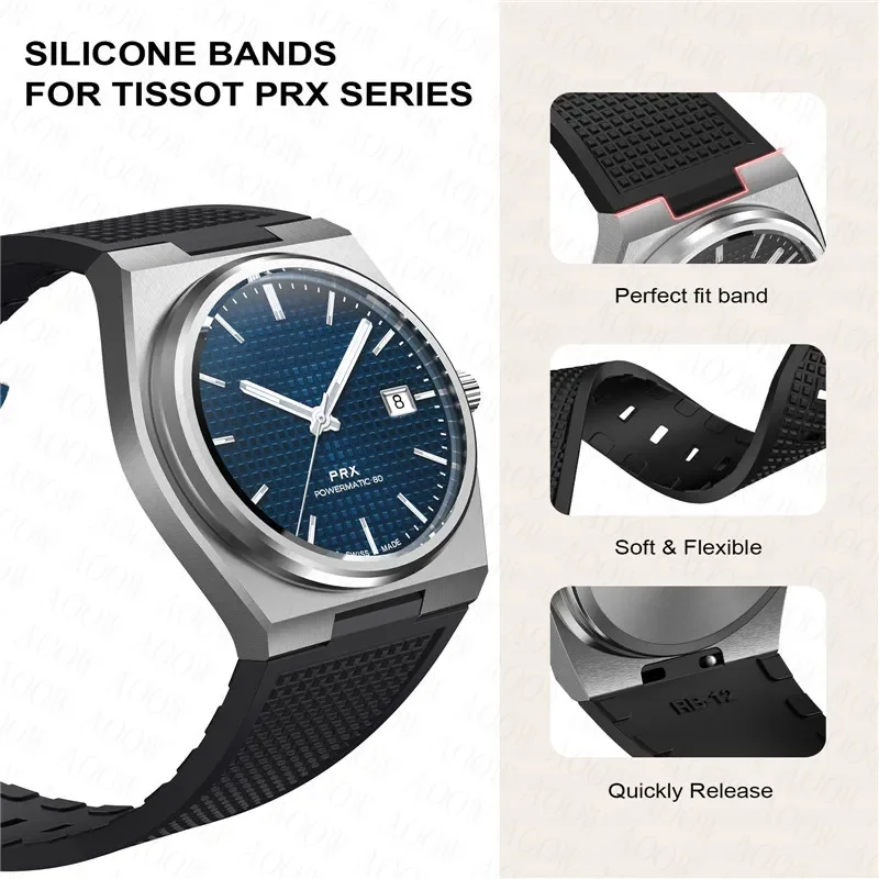 Silikonarmband für Tissot PRX 40MM Serie Herren Casual Fashion Double Directional Quick Release Federnadel Ersatzarmband