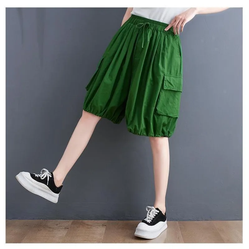 Women\'s Lantern Shorts Summer New Korean Commute Solid Color Patchwork Loose Drawstring Pocket Straight Casual Knee Length Pants