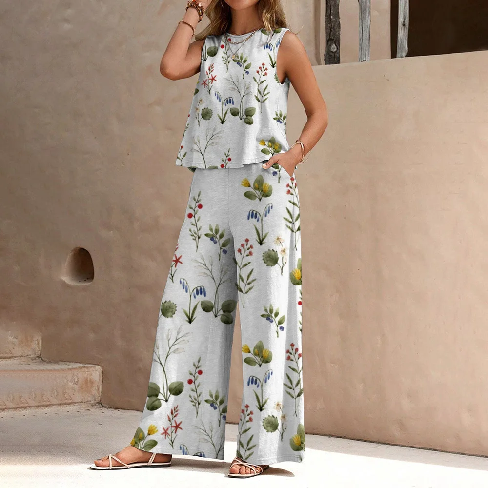 Women\'s Chiffon Pantsuit Hawaiian Beach Vacation Sleeveless Top Pantsuit Summer Fashion New Lightweight And Breathable 2024