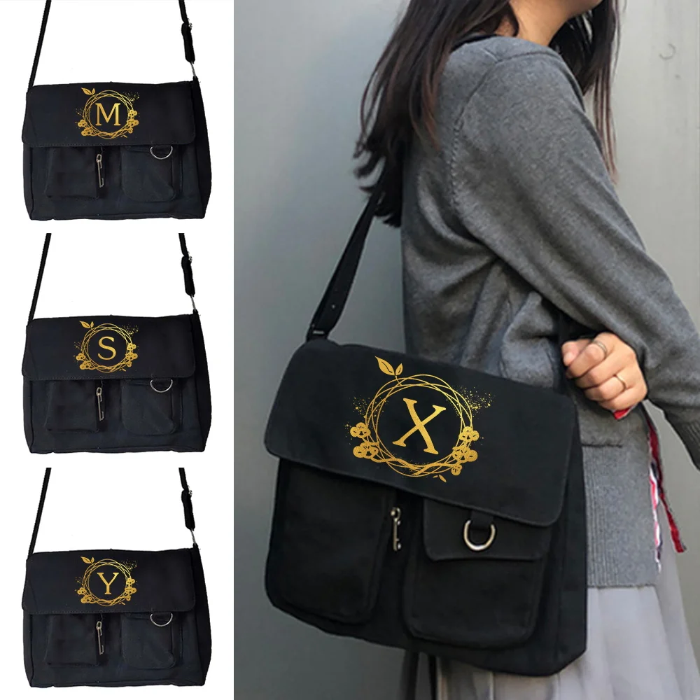 

Fashion Women Canvas Shoulder Bags Youth Casual Large Capacity Crossbody Bag Wreath 26 Letter Handbags Messenger Bag for Women