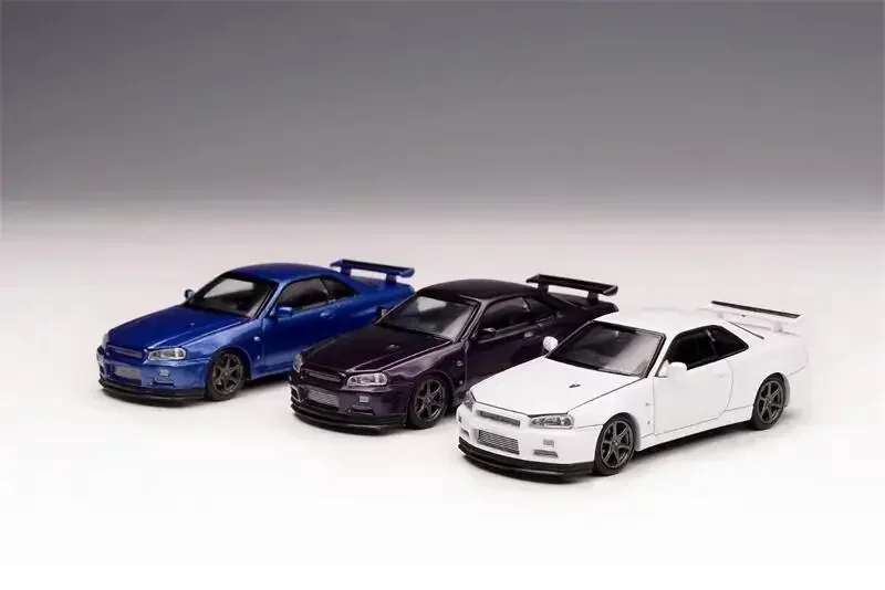 

MH Motorhelix 1:64 GTR R34 V-Spec Opening Hood Bayside Blue / White / Purple Die-Cast Car Model Collection Miniature