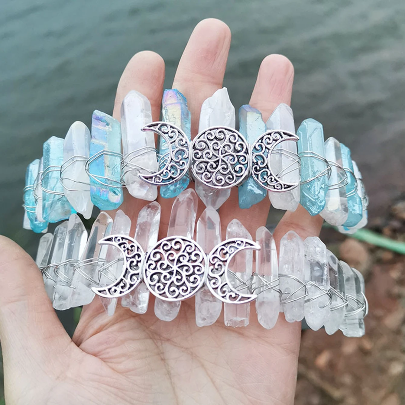 

Raw Crystal Tiara Crown Headband, Natural Quartz Moon Goddess Witch Headpiece for Wiccan Cosplay Party Headwear