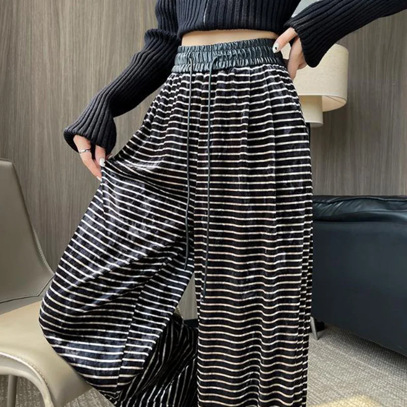 2024 Autumn Winter New Striped Straight Female Casual Shirring High Waist Wide Leg Pants Women\'s All-match Elastic Waist Pants