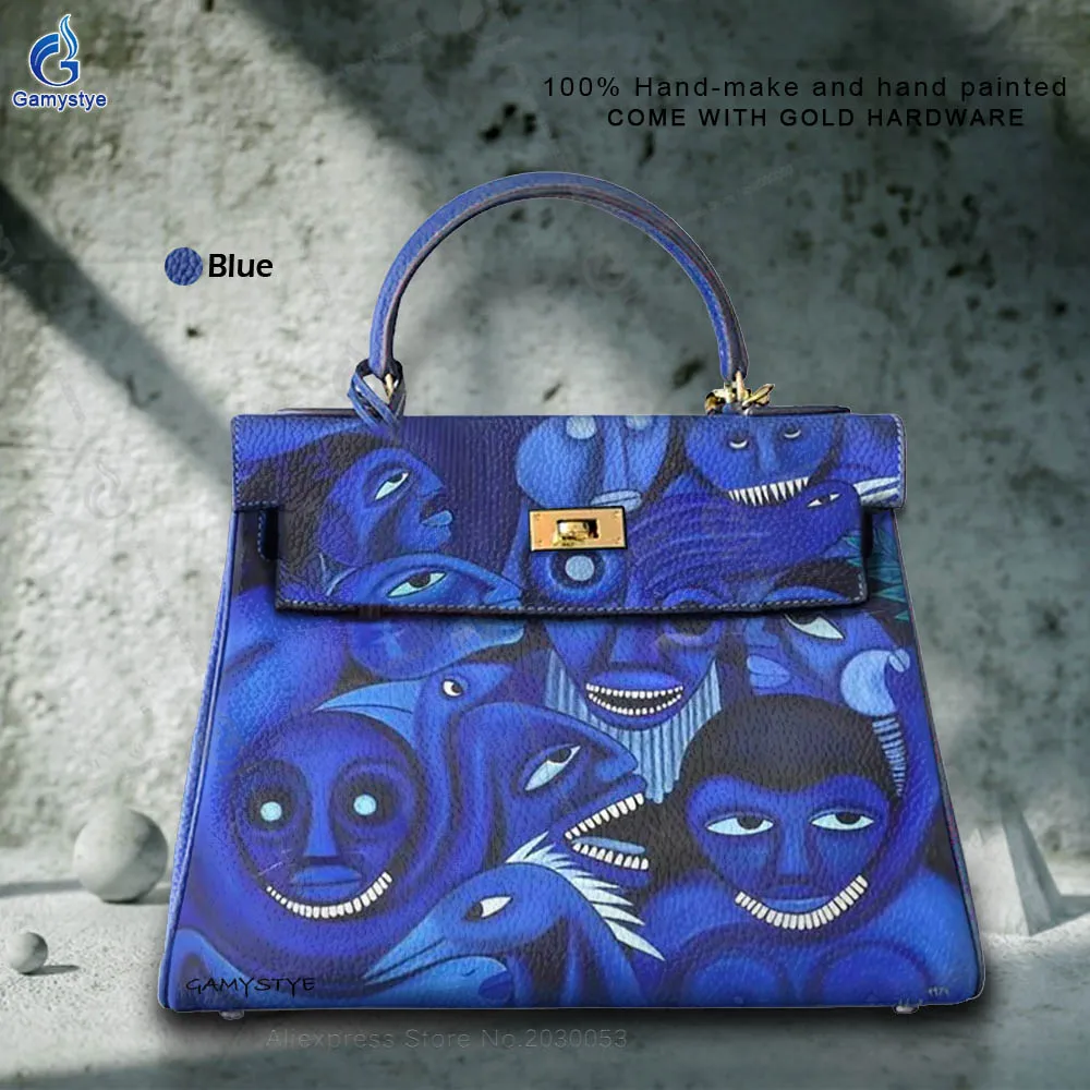 Hand Painted Art Bags Women Genuine Leather Handbags and Purses Luxury Fashion Designer Crossbody Bags For Women