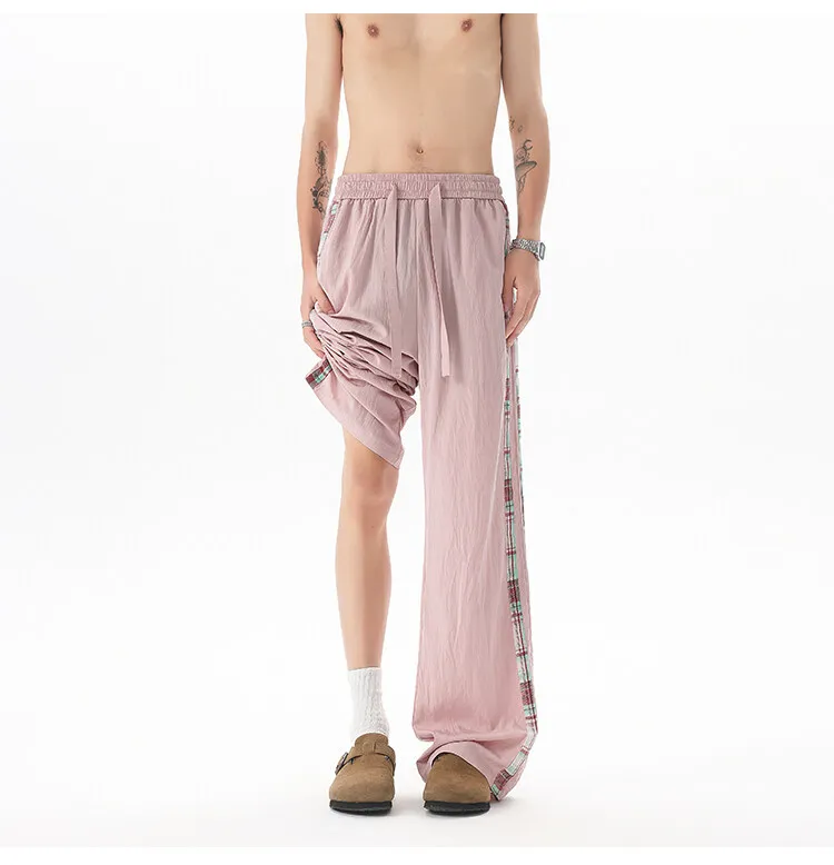 แฟชั่นเย็บกางเกงผู้ชายสบายและ Cool กางเกงผ้าไหมน้ําแข็งบางหลวม Drawstring ตรงกางเกงฤดูร้อนผู้หญิง