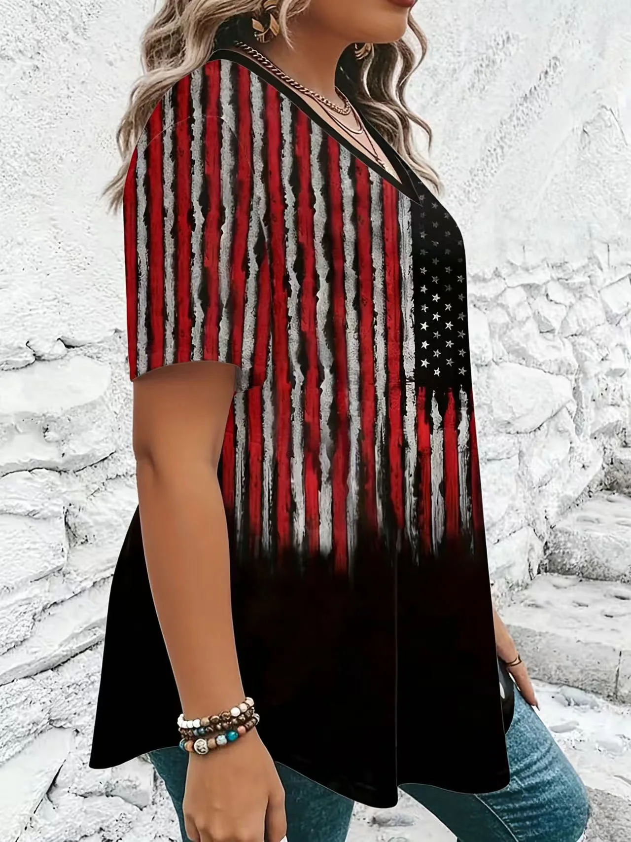 Camiseta de talla grande con cuello en V y bandera patriótica americana para mujer, pantalón corto informal, mezcla de poliéster elástico, lavable a máquina, primavera, verano, elección perfecta