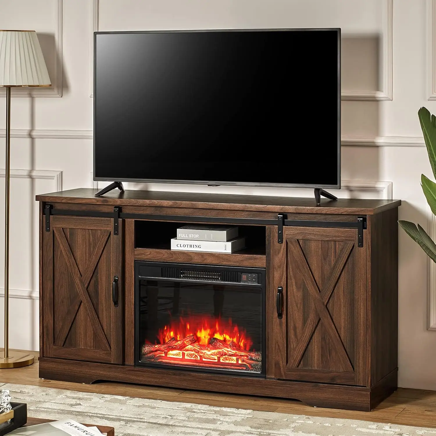 

Fireplace TV Stand with Sliding Barn Door for TVs up to 65", Farmhouse 59" Fireplace Entertainment Center with Storage Cabinets