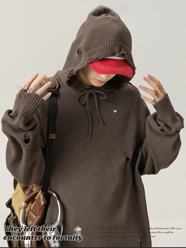 

Una Reta Hooded Men's Sweater Autumn Winter Streetwear New Hip Hop Hollow Hole Unisex Knitwears Loose Pullover Sweaters