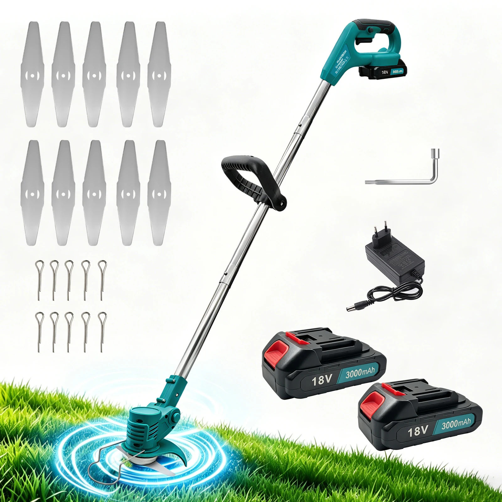 18-V-Akku-Rasentrimmer mit 2×3000-mAh-Akkus, 10 Metallklingen, verstellbarem Teleskopstiel, leichtem, kabellosem Rasenkantenschneider für Hof, Garten, Gras- und Unkrautentfernung, inklusive Ladegerät