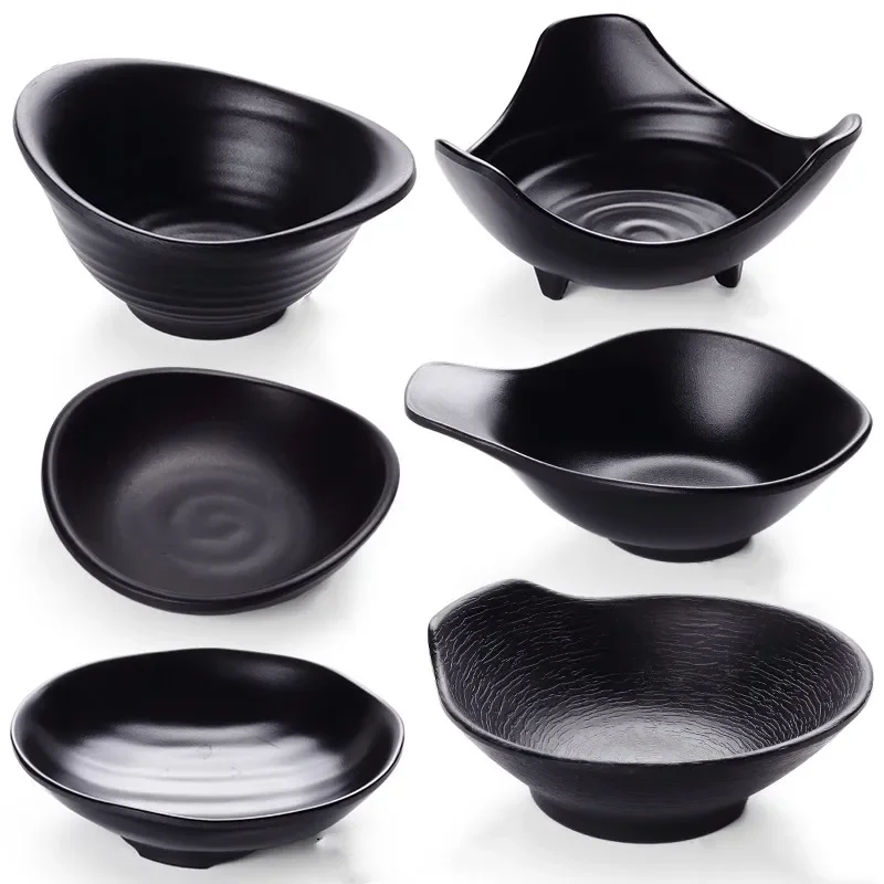 Black Frosted Plastic bowls Melamine Tableware Restaurant Sauce Bowl Creative Handle Bowl Irregular Tableware Snack Plate