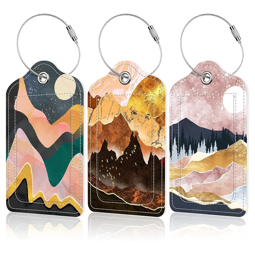 

Набор из 3 бирок для багажа с абстрактным изображением гор: Золотые горы и луна, из искусственной кожи, для идентификации чемоданов и сумок