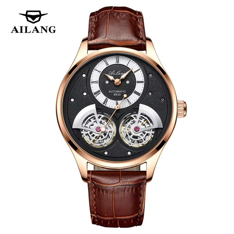 AILANG Luxury Double Tourbillon Rotating Men's Mechanical Watch Automatic Movement Waterproof Clock Pilots Men Flywheel Watches