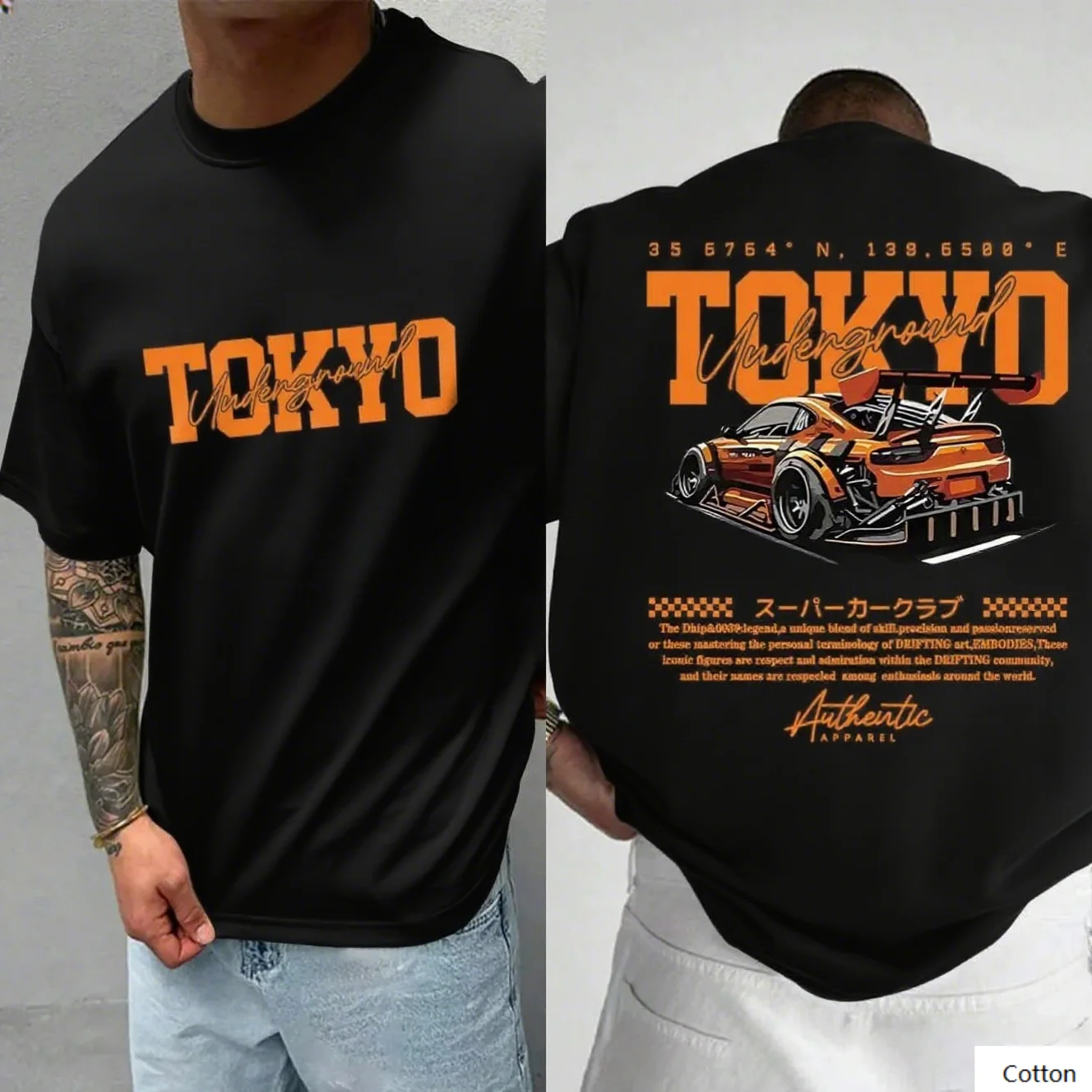

Футболка из чистого хлопка с графикой Токио и изображением автомобиля отлично подходит для выражения вашей страсти для подземной автомобильной сцены Токио