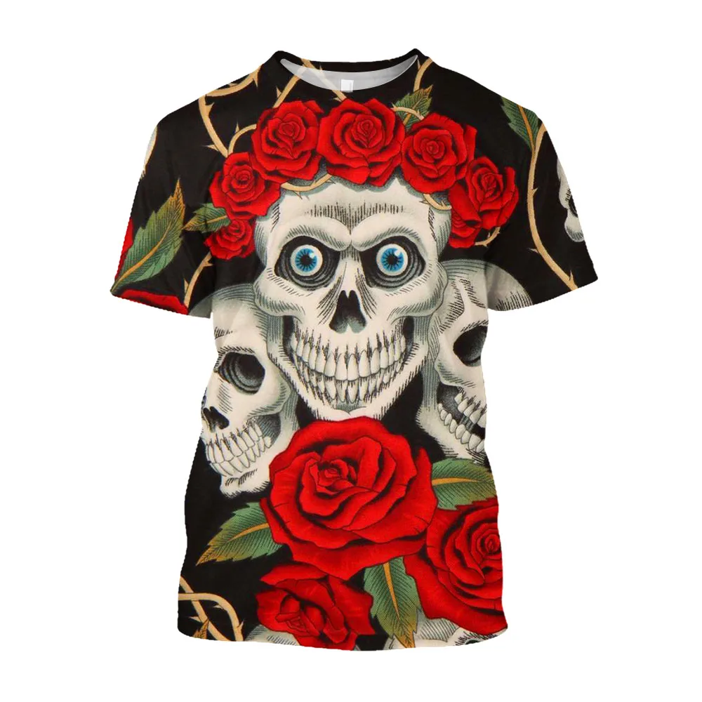 Винтажная футболка с 3D-принтом цветов, роз, черепа, гранж Y2K, Повседневная футболка, уличная одежда оверсайз, мужские топы, эстетический пуловер