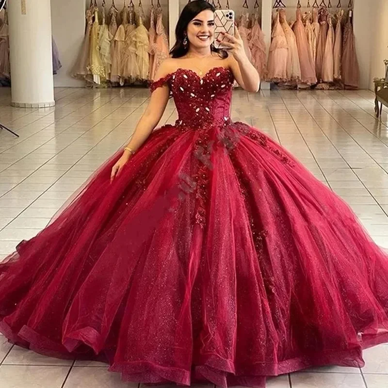 

Burgundy Ball Gown Glittering Off Shoulder Corset Vestidos De 15 Anos Princess Quinceanera Dresses Birthday Party