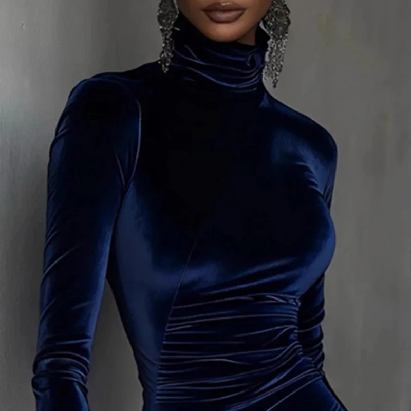 Autumn Turtleneck Patchwork Lace Velvet Dress Woman Casual Solid Slim Bodycon Hips Dress Winter Long Sleeve Irregular Mini Dress