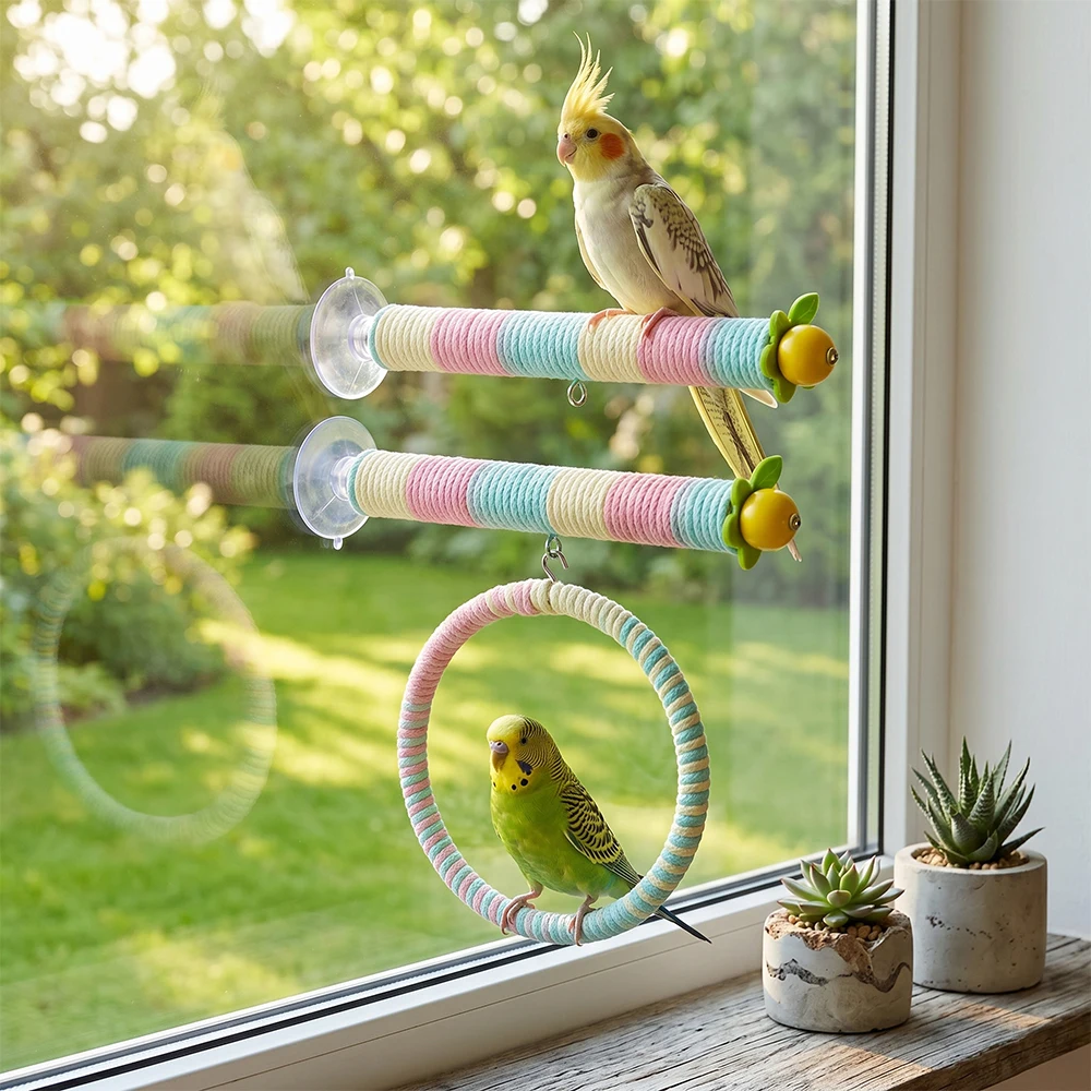 1PC Colorful Parrot Rope Perch Suction Cup/Screw Fixation Bird Swing Hanging Ring Toy for Cockatiel Budgie Conure Cage Accessory