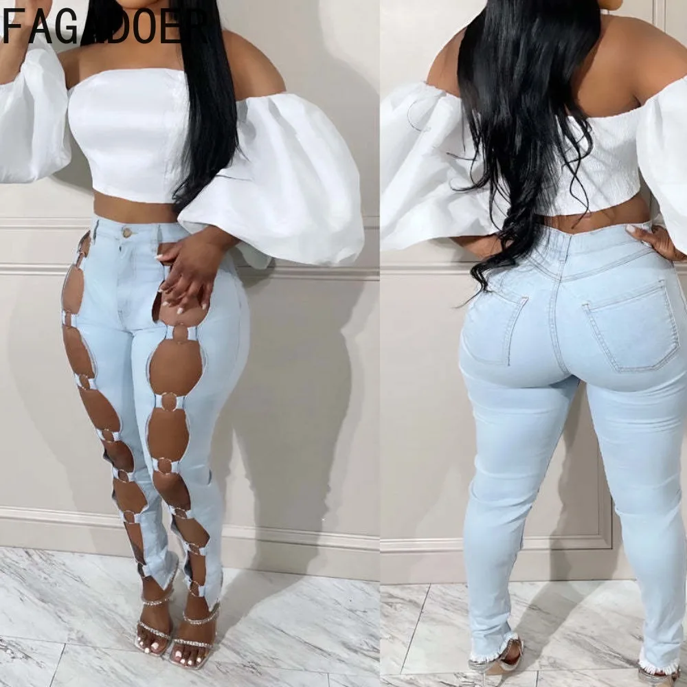 FAGADOER Sexy Denim Pants Women Light Blue Buttons Hollow Out Patchwork Bodycon Jeans Female Streetwear Bottoms Spring 2025 New