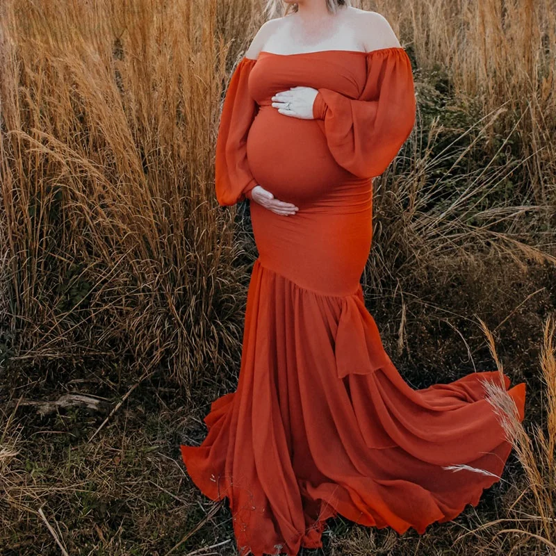 Vestido de maternidad con hombros descubiertos para Sesión de fotos, maxivestido de gasa, mangas largas, sirena, accesorios de fotografía para el