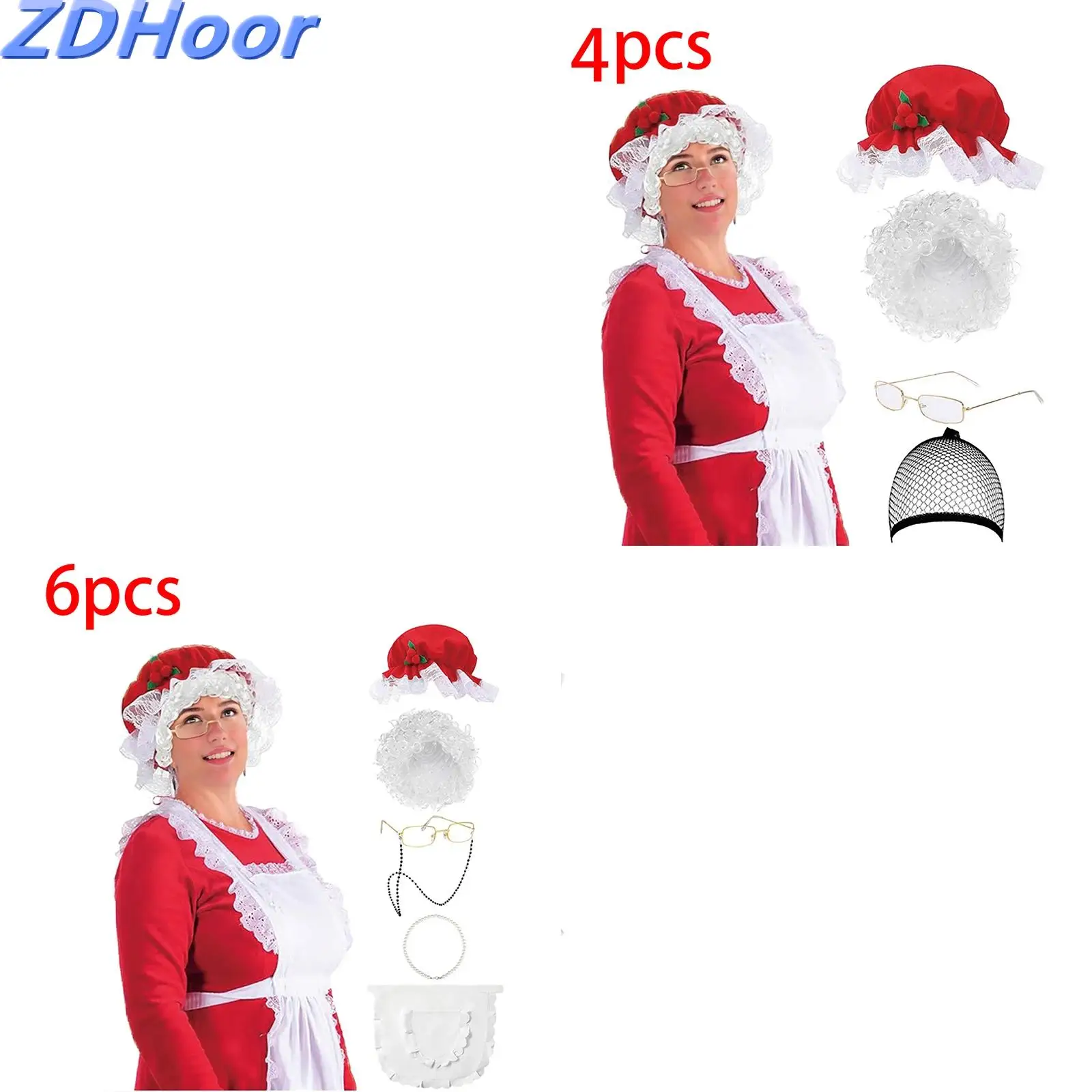 مجموعات أزياء النساء العجوز لعيد الميلاد السيدة كلوز لنظارات الشعر المستعار ومئزر شبكي للشعر وما إلى ذلك لأزياء كلوز التنكرية #1