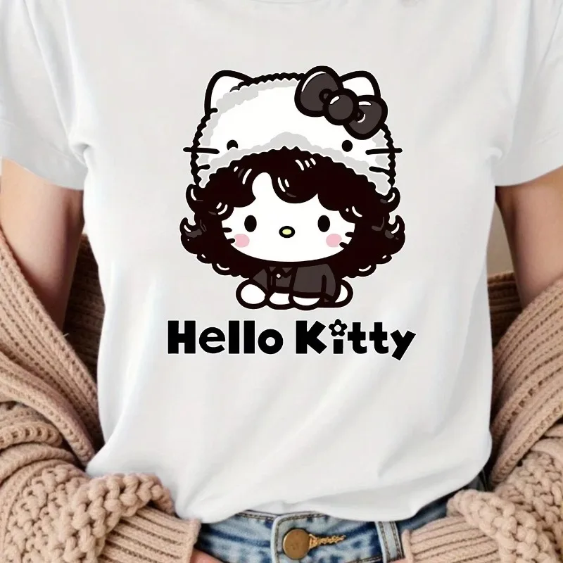 

Hello Kitty Women's Cute Printed T-shirt and Cartoon Y2K Plus Size Cotton Tshirt Casual Loose O-Neck Short Sleeve Retro Harajuku