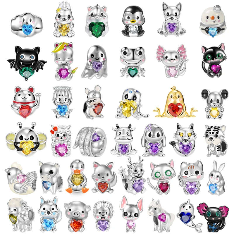 Hot Authentic Cute Animals Embraces Heart Gemstone Charm Beads Fit Original 925 Sterling Silver Bracelet DIY Jewelry Women Gifts