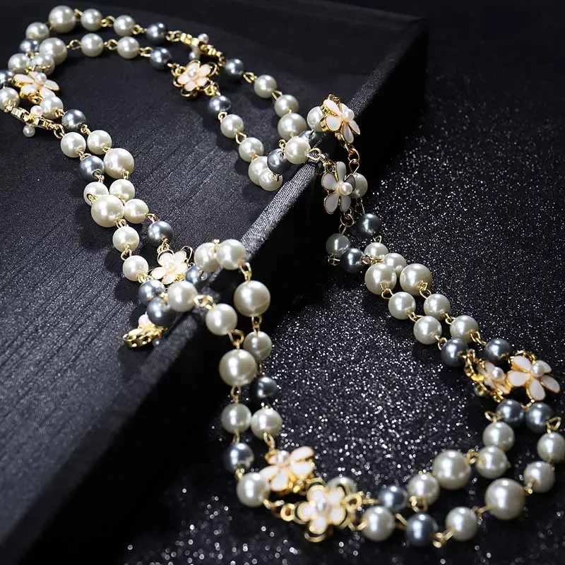 Korean luxury flower pearl long sweater chain necklace double layer necklace woman accessories