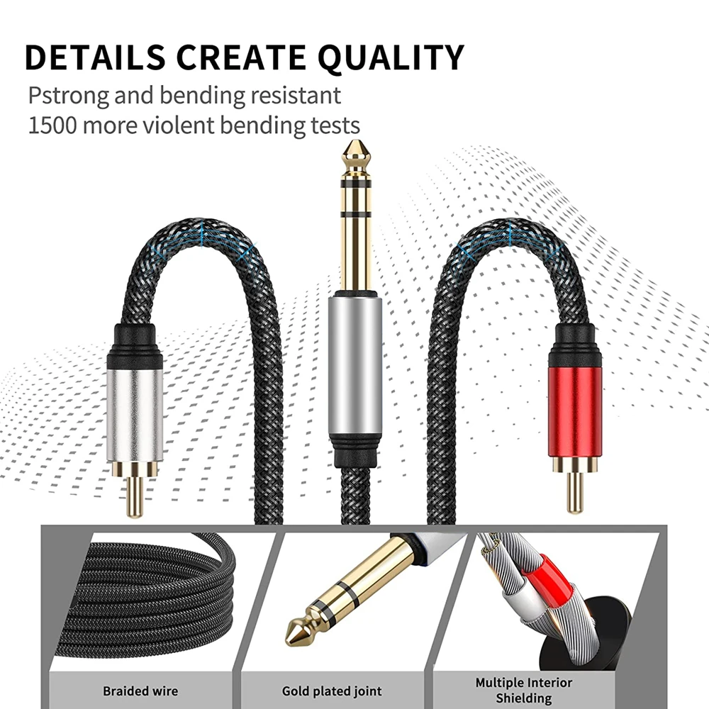 1/4 Inch TRS to Dual RCA Audio Cable 6.5 6.35mm Stereo Jack To L/R RCA Y Splitter Adapter Braid Cord for DVD Amplifier Speaker