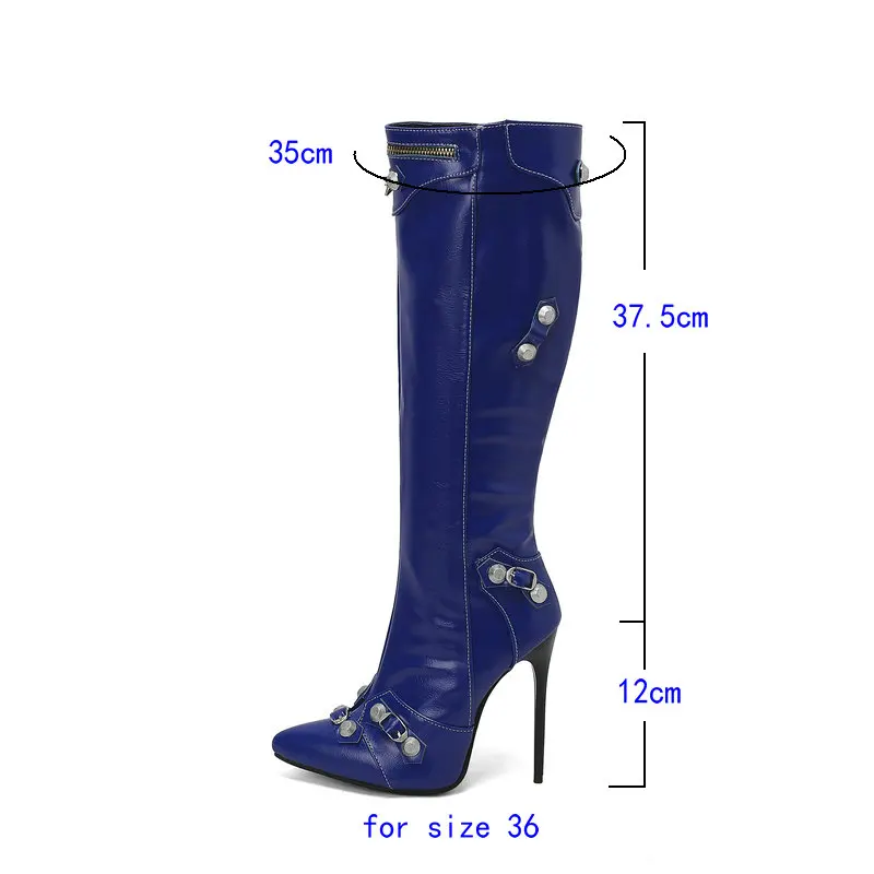 2023 Women Knee High Boots Pointed Toe Thin High Heel Ladies Calf Boots PU Leather Buckle Zipper Fashion Women\'s Boots Big Size