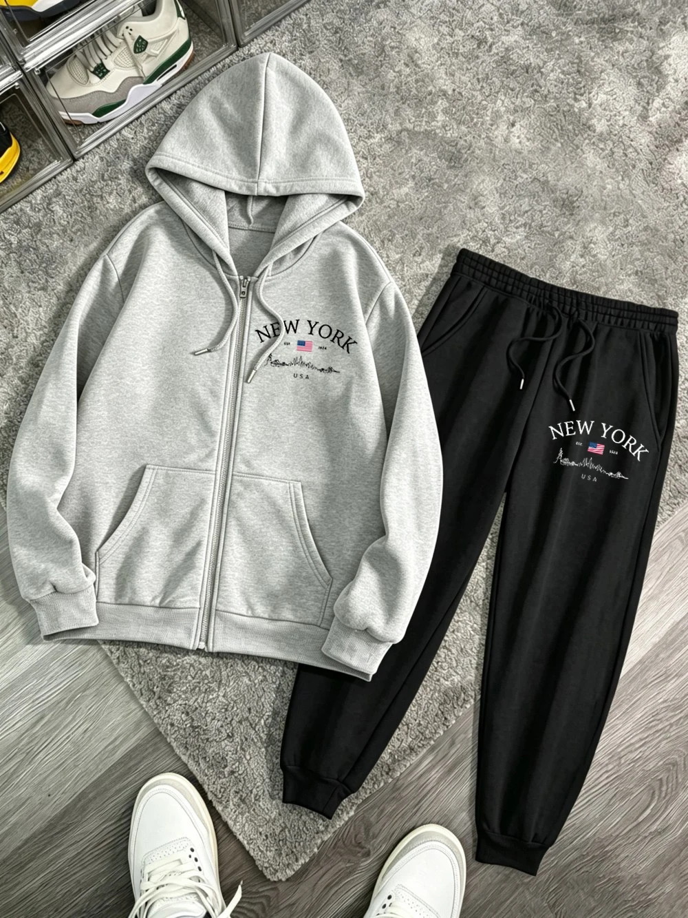 Hoodie Women Oversized - ชุดฮู้ดดี้ซิป 2 ชิ้นสำหรับผู้หญิง ลายพิมพ์นิวยอร์ก สหรัฐอเมริกา กางเกงวอร์มลำลองทรงโอเวอร์ไซส์